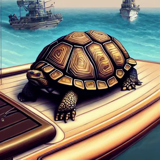 Image similar to realistic large tortoise lying down on fantasy boat deck, naval background, wide angle shot, highly detailed, D&D, magic the gathering, fantasy, digital painting, artstation, concept art, smooth, sharp focus, illustration, art by artgerm and greg rutkowski and alphonse mucha