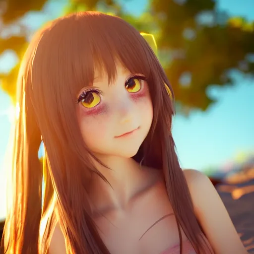 Prompt: Render of a very beautiful 3d anime petite girl, long hair, hazel eyes, cute freckles, full round face, short smile, cute sundress, golden hour, serene beach setting, cinematic lightning, medium shot, mid-shot, highly detailed, trending on Artstation, Unreal Engine 4k, cinematic wallpaper