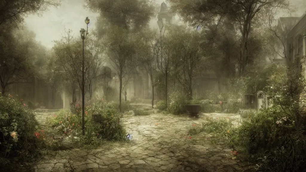 Image similar to the secret garden is barren. the hidden garden is barren. private barren garden. overcast. no flowers. weeds, sticks. andreas achenbach, artgerm, mikko lagerstedt, zack snyder, tokujin yoshioka