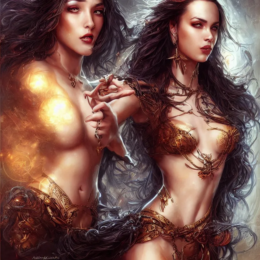 Prompt: a higly detailed full body shot portrait painting of a stunning and sensual female fantasy sorceress with piercing beautiful eyes, dynamic lighting, ambient lighting, deviantart, art by artgerm and karol bak and mark brooks