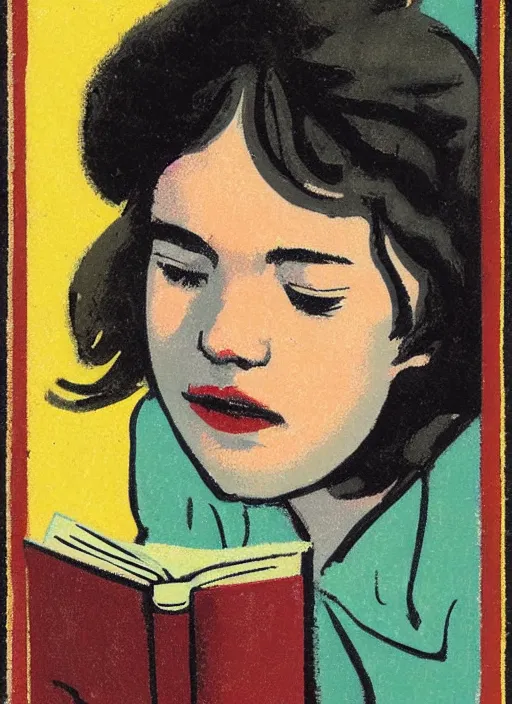 Prompt: an extreme close - up portrait of a girl reading in a scenic representation of mother nature and the meaning of life by billy childish, thick visible brush strokes, shadowy landscape painting in the background by beal gifford, vintage postcard illustration, minimalist cover art by mitchell hooks