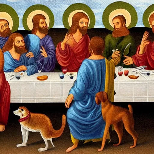 Prompt: a painting of the last supper with cat Jesus and dog disciples