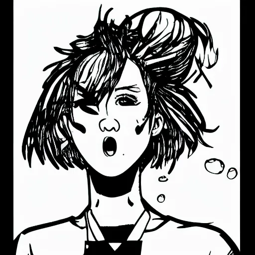 Image similar to line art drawing of a punk girl blowing a bubble. artstation