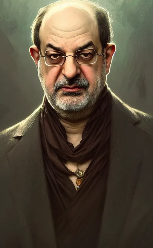 Image similar to portrait of salman rushdie, deep focus, d & d, fantasy, intricate, elegant, highly detailed, digital painting, artstation, concept art, matte, sharp focus, illustration, art by artgerm and greg rutkowski and alphonse mucha