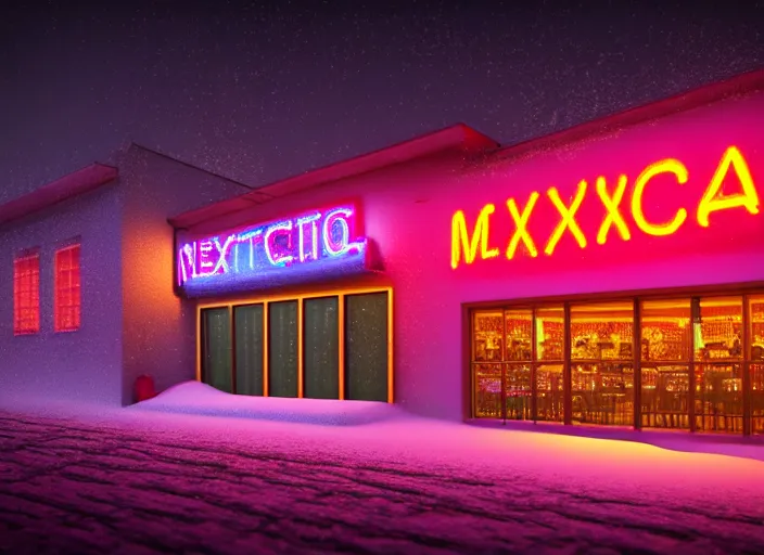 Image similar to exterior photo of a mexican restaurant, neon lights, in a flat snowy field. 35mm. Very detailed 8k. Sharp. Cinematic post-processing. Unreal engine. Nanite. Ray tracing. Parallax. Tessellation