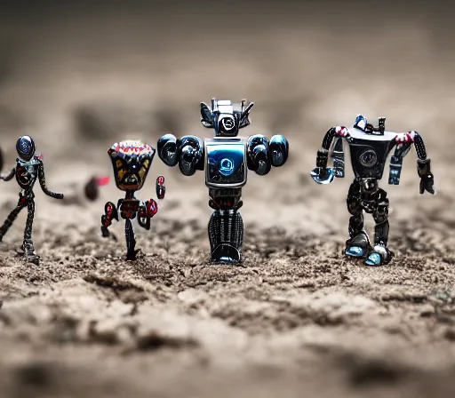 Prompt: miniature figurines of robot monsters, tilt shift, product photography