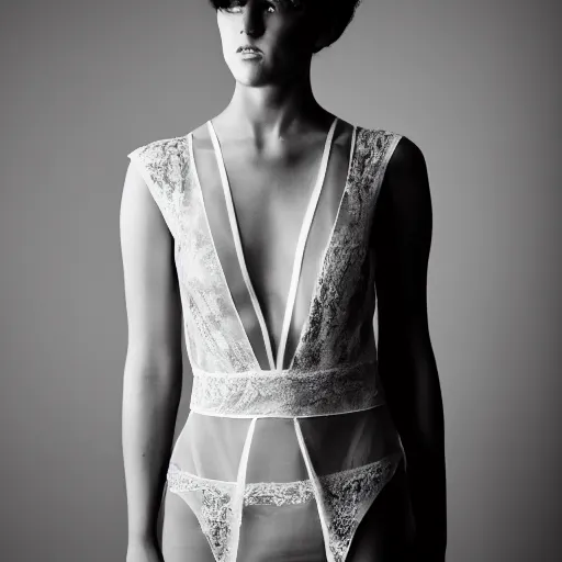 Image similar to sheer dress with plunging neckline and lace sleeves. award-winning fashion photography. intimate and vulnerable lighting. 130mm bw photography.