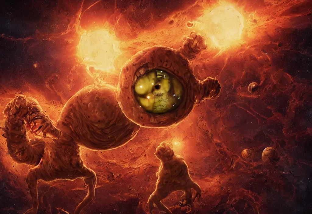 Image similar to eldritch horror bloody garfield in space, hd, 8 k, giant, epic, realistic photo, unreal engine, stars, prophecy, powerful, cinematic lighting, destroyed planet, debris, violent, sinister, ray tracing, dynamic, epic composition, dark, horrific, teeth, grotesque, monochrome drawing, hellscape, death, corpses, foreboding