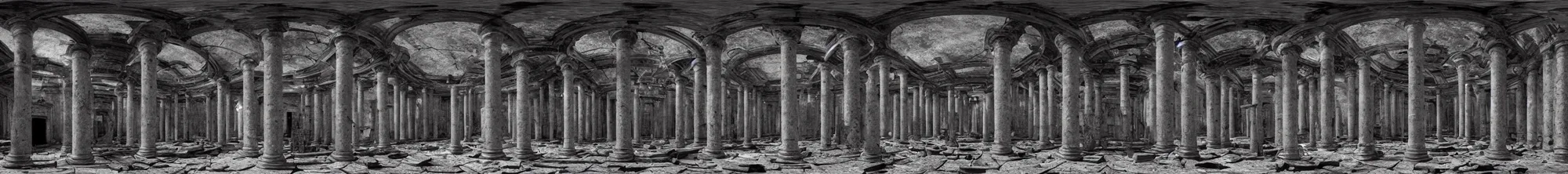 Image similar to photo of an immersive forgotten panopticon well, with columns and destroyed cybernetics from an ancient civilization, photorealistic, higly detailed dark, 3 6 0 picture, panorama, 3 5 mm slide, trending on flickr, in the style of francesca woodman, zachary corzine, zhelong xu, greg rutkowski and anders zorn