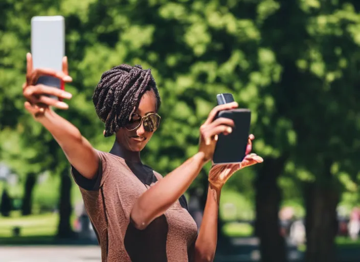 Image similar to photo still of a bronze statue of a woman using an iphone to take a selfie in a park on a bright sunny day, 8 k 8 5 mm f 1 6