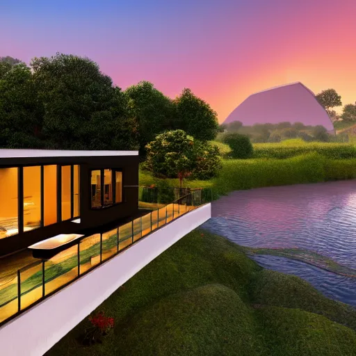 Image similar to a beautiful landscape with a singular modern house near a river at sunset in Pixar style