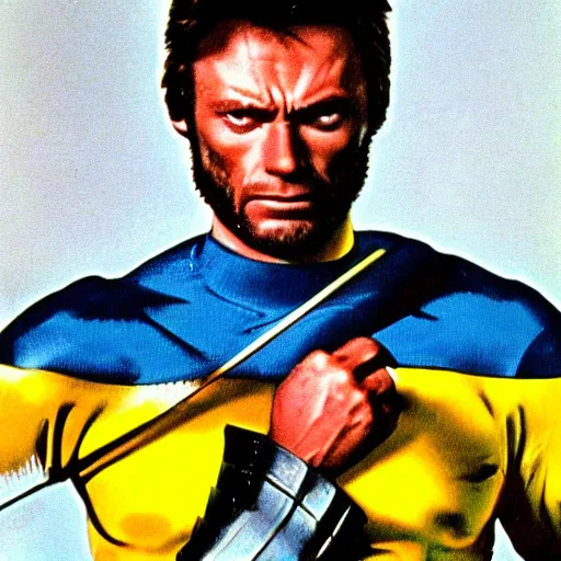 Prompt: 8 0 s, vhs, vintage movie, grain, clint eastwood as wolverine in blue and yellow costume,