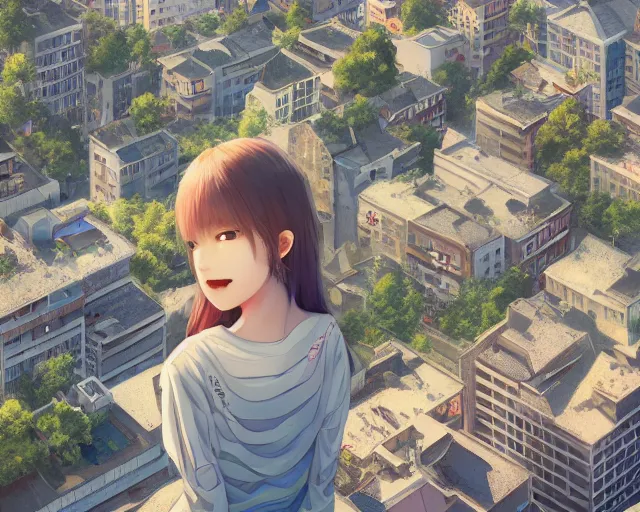 Image similar to teen standing on the roof of a building, bird eye view, fisheye view, illustration, by pine ( ハイネ ) and 薯 子 imoko and 香 川 悠 作 and wlop and maya takamura, highly detailed, trending artstation, pixiv, digital art