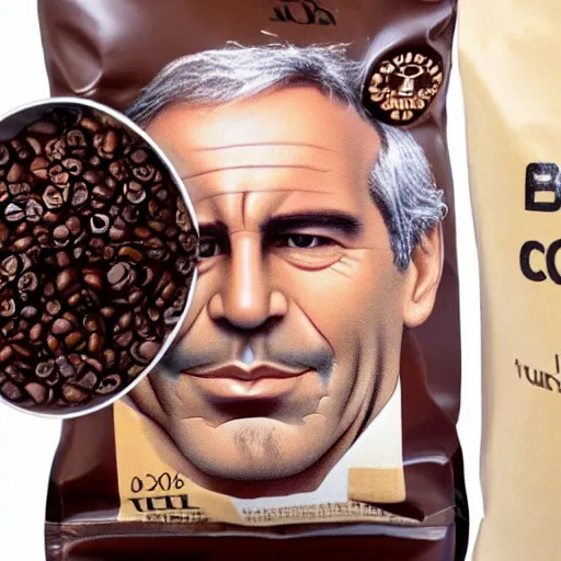 Image similar to A bag of coffee beans with Jeffrey Epstein depicted on the front