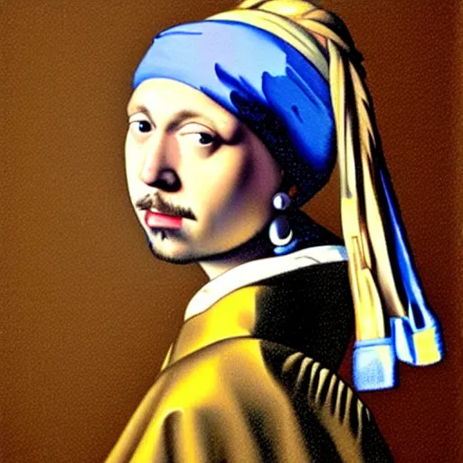 Image similar to Post Malone with a Pearl Earring by Johannes Vermeer, realistic painting