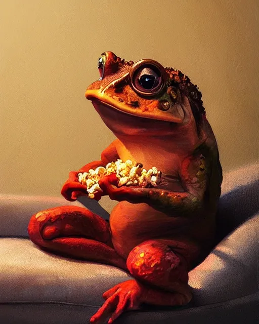 Prompt: hyper realistic oil painting of toad watching a tv movie eat popcorn chill on the couch, vibrant colors, high contrast, by greg rutkowski, trending on artstation, caricaturist digital art