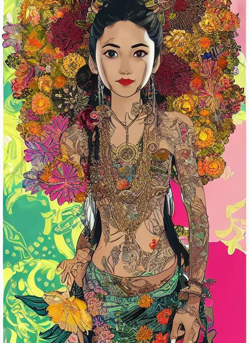 Image similar to !!! very coherent!!! beautiful floralpunk balinese cyborg portrait girl female illustration detailed patterns art of bali traditional dress, flower pop art, floral splash painting, art by geof darrow, ashley wood, alphonse mucha, makoto shinkai, dark shadow, colorful high contrast