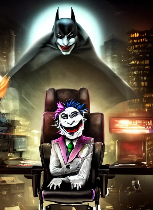 Image similar to Rat with Joker face paint sitting on gamers chair on gaming computer typing on keyboard, gaming, computer, gamers keyboard, looking sad, crying in the dark and gloom, defeating Batman, realistic, digital art, 4k, cinematic lighting, explosion in the background