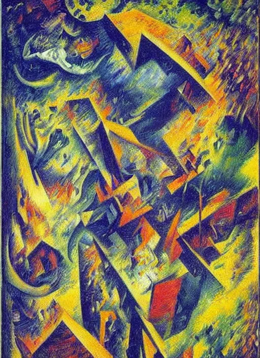 Image similar to flying metal oil on canvas by Umberto Boccioni, vivid colors, hyper detail, golden ratio HQ