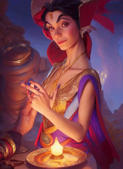 Image similar to aladdin, d & d, fantasy, intricate, elegant, highly detailed, digital painting, artstation, concept art, matte, sharp focus, illustration, hearthstone, art by artgerm and greg rutkowski and alphonse mucha