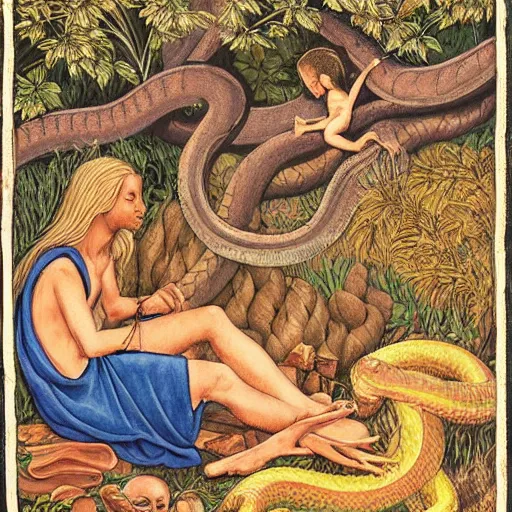 Prompt: adam and eve siting in the garden of eden rosting a snake over a campfire ultrarealistic 1 5 0 mpx