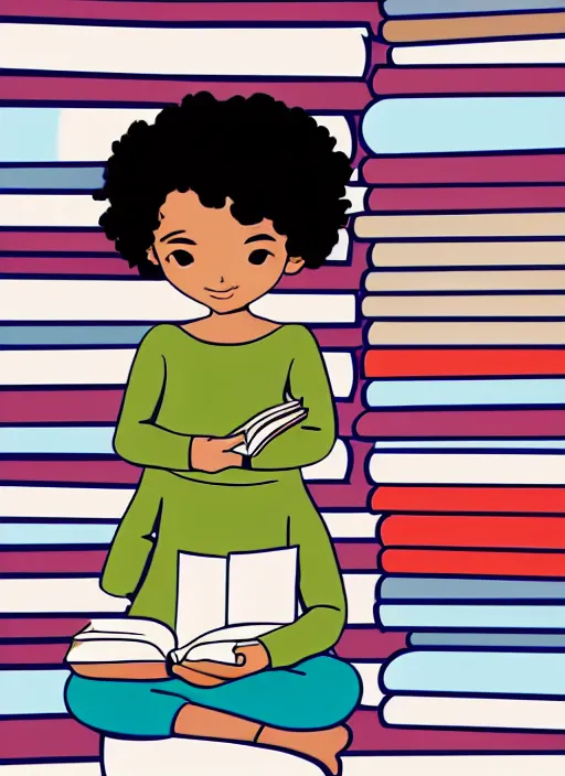 Image similar to a little girl with curly brown hair sits cross legged on top of a tall pile of books. she is reading. clean pretty cartoon painting, cel shaded, minimal outlines, beautiful detailed face.