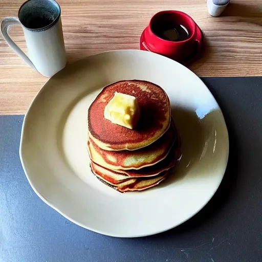 Prompt: “ a fat stack of pancakes made from recycled car tyres, in a room painted red with the furniture glued to the ceiling, wasps fill the air, the fridge is open and a tidal wave of mac and cheese is pouring out, a lone sparrow pecks at the minute hand on the clock ”