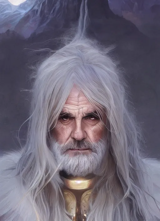 Prompt: Portrait of Sean Connery, white glowing eyes, silver shaggy hair, cloak, ethereal wings, male, fantasy, extremely detailed, digital painting, artstation, concept art, smooth, sharp focus, illustration, stunning lighting, art by artgerm and greg rutkowski and alphonse mucha and simon stalenhag, realistic character concept, high fantasy, light atmosphere, golden ratio, cinematic lighting, hyperdetailed, high resolution, insanely detailed and intricate, artstation, Marc Simonetti, Greg Rutkowski, 8k