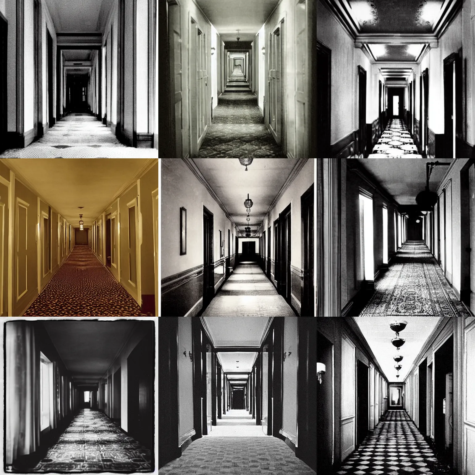 Prompt: “long hotel hallways, the shining, 1900’s photo”