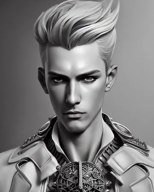 Prompt: male portrait, handsome, detailed white pompadour hair, intricate steampunk armor, by ilya kuvshinov, peter mohrbacher, greg rutkowski, godessmechanic, dramatic lighting, intricate, complex 3 d render, unreal engine 5, highly detailed, deviant art, sharp focus, luminous, blender, deviant art, masterpiece, ray tracing