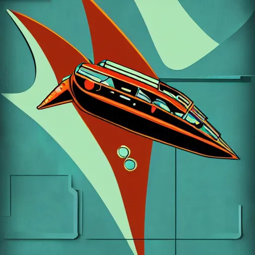 Image similar to futurama spaceship in a modern style of art deco painting, bauhaus, art nouveau, noire, 2 d, 3 d shadows