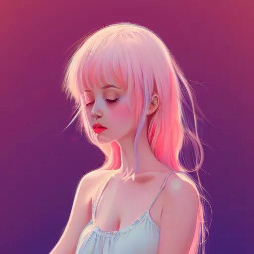 Image similar to young girl in summer dress art, pastel light pink long hair, muted colors, matte print, pastel colors, ornate, digital art, digital painting, fan art, elegant, artstation, head is centered, by Ilya Kuvshinov