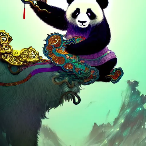 Image similar to a beautiful hyperdetailed character design 4 k wallpaper illustration of a cute panda with a chinese lion dance head victo ngai cyberpunk style, from china, style of studio ghibli, makoto shinkai, raphael lacoste, louis comfort tiffany, artgerm, james jean, ross tran, chinese style