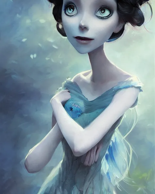 Image similar to elegant mysterious solemn victoria everglot from the corpse bride, portrait, illustration, rim light, top light, summer clear blue sky, perfectly shaded, soft painting, art by krenz cushart and wenjun lin