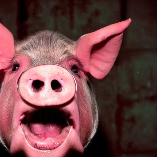 Image similar to creppy 2 0 0 3 photo of a pig masked man screaming in a dark red slaughterhouse