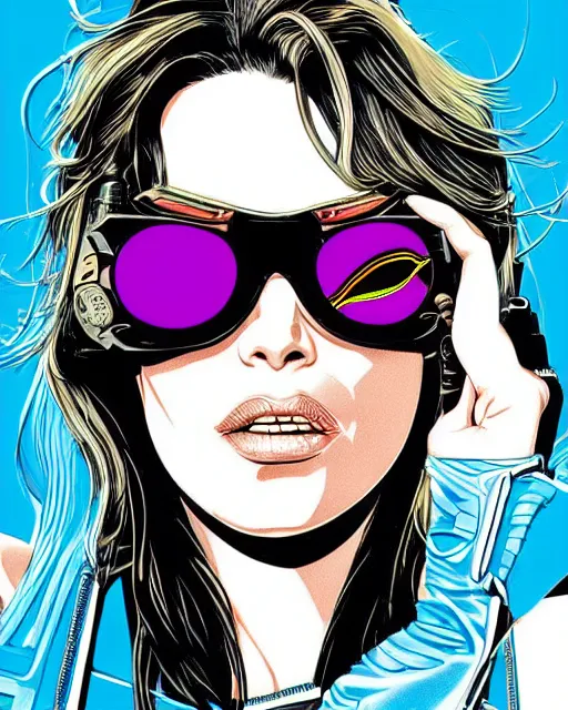 Prompt: hyper detailed comic illustration of a cyberpunk Mila Jovovich wearing a futuristic sunglasses and a gorpcore jacket, markings on his face, by Patrick Nagel, intricate details, vibrant, solid background, low angle fish eye lens