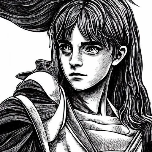 Image similar to emma watson, meets the horse from berserk, highly detailed, black and white, manga, art by Kentaro Miura