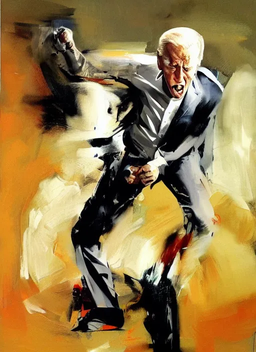 Prompt: joe biden punching, angry, screaming, painting by phil hale, fransico goya,'action lines '!!!, graphic style, visible brushstrokes, motion blur, blurry, visible paint texture, crisp hd image