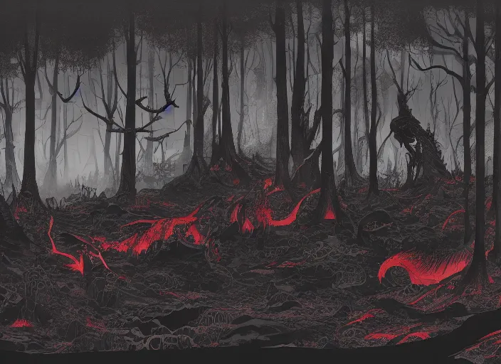 Image similar to a landscape of a forest at hell by takeshi obata and mike mignola, hell, dragons, red and black colors, colors, abandoned buildings, forest with trees with faces, small demons, shadows screaming, night sky, highly detailed, cgsociety, artstation, very detailed