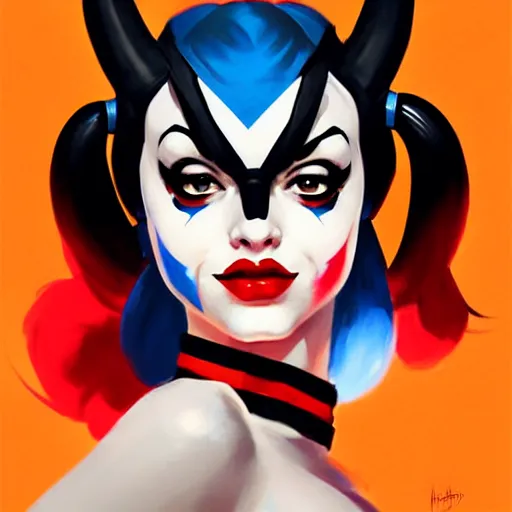 Image similar to Greg Manchess portrait painting of Harley Quinn as Overwatch character, medium shot, asymmetrical, profile picture, Organic Painting, sunny day, Matte Painting, bold shapes, hard edges, street art, trending on artstation, by Huang Guangjian and Gil Elvgren and Sachin Teng