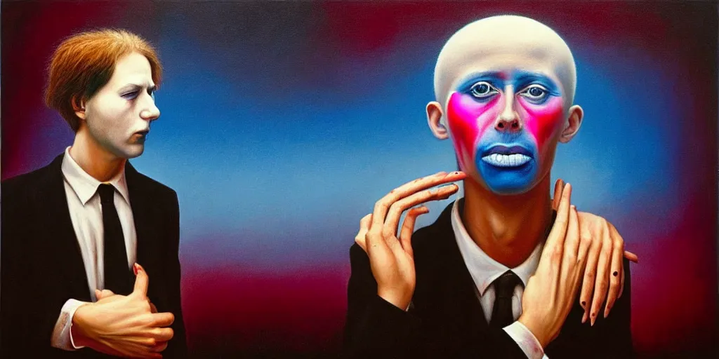 Prompt: surrealist painting by painting by gottfried helnwein | a man being overcome by love conciseness, psychedelic dripping colors