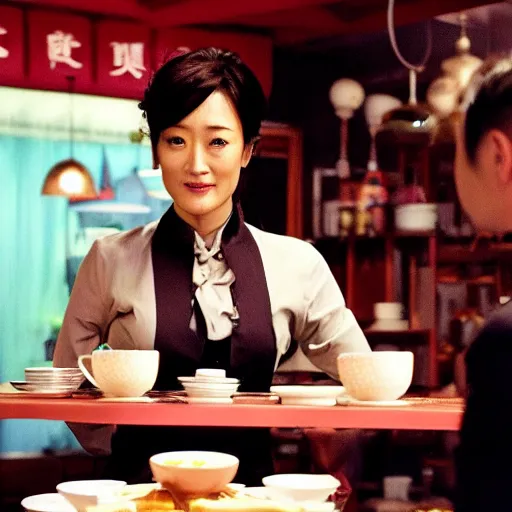 Prompt: film still of chinese actress gong li as a waitress in a cafe in iron man