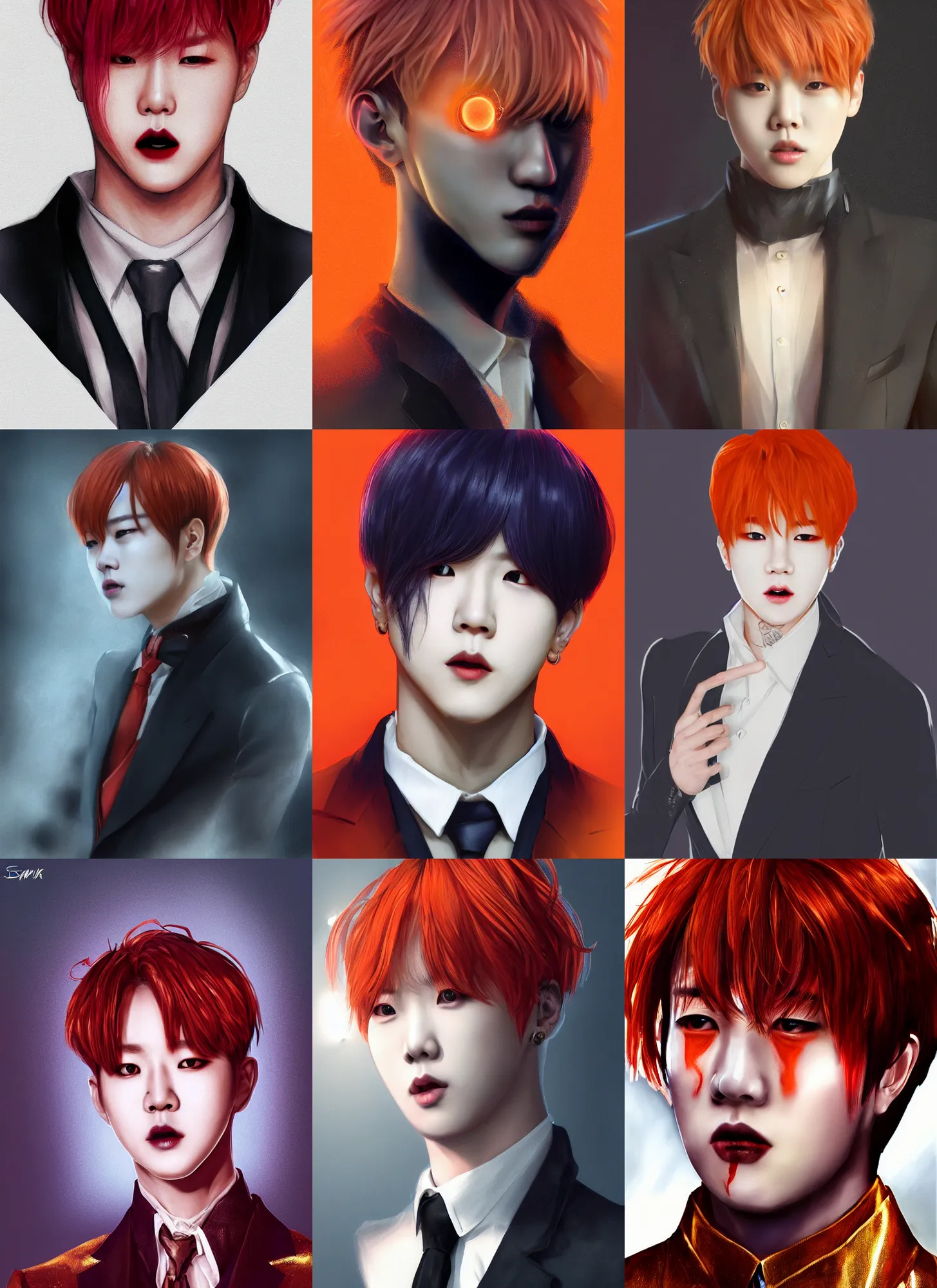 Image similar to park jimin as a vampire. wearing intricate styled suit, semi realism, anime realism, symmetrical face, slim face, appealing, photorealism, uhd, amazing depth, glowing, golden ratio, sakimichan, greg rutowski, volumetric lighting, cinematic lighting, red orange lighting, artstation concept art