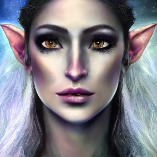 Image similar to masterpiece digital painting realistic portrait of beautiful tyrande whisperwind, 3 0 years woman, close face view, moonlight, elf forest background, at night, by luis royo, warcraft, artstation, deviantart, unreal engine, 8 k, cinematic lights