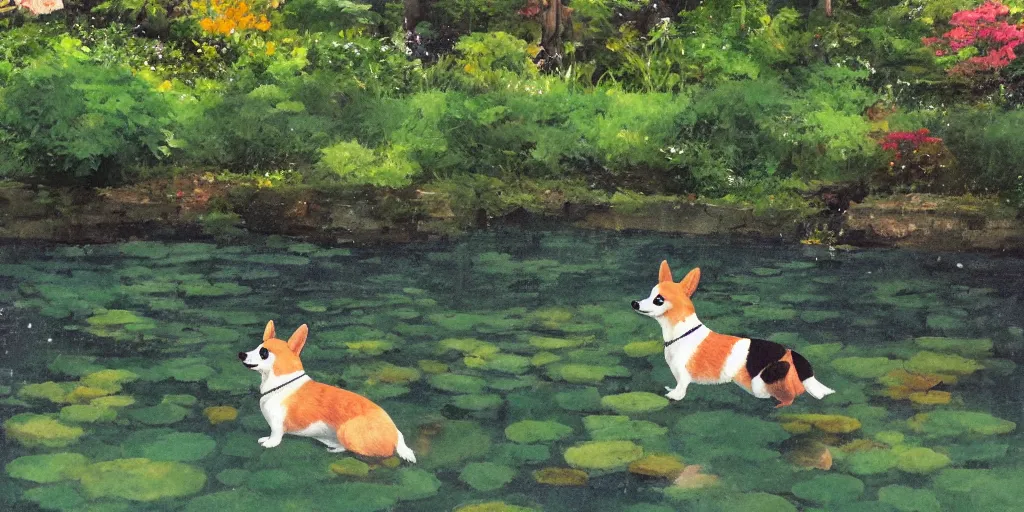 Image similar to A singular corgi by the pond, there is blue sky, there is water splash, the atmosphere is cheerful, the colors are bright, high picture quality, by Makoto Shinkai