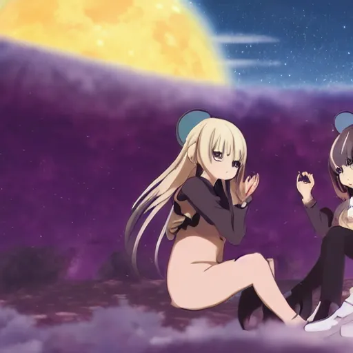 Prompt: Two Anime Catgirls on the Moon watching Earth's destruction, cinematic