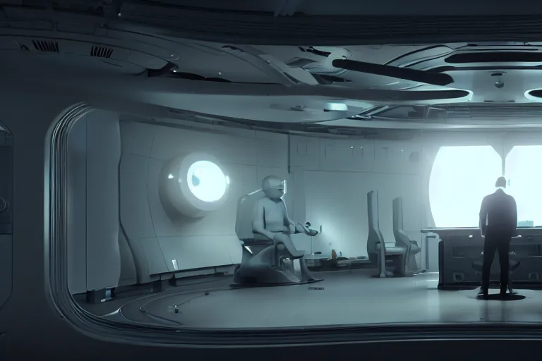 Image similar to a cinematic still of Elon musk, tiny alien control room in gigantic torso, octane render, nvidia raytracing demo