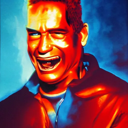 Prompt: a portrait of the terminator smiling as benjamin netanyahu, positive colors, warm