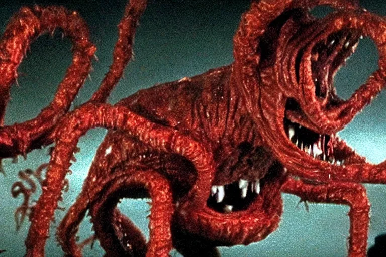 Image similar to scary filmic wide shot angle movie still 35mm film color photograph of a shape shifting horrific nightmarish abstract alien organism from The Thing 1982 spewing toxic liquid from an alien pirhana plant made out of flesh, in the style of a horror film