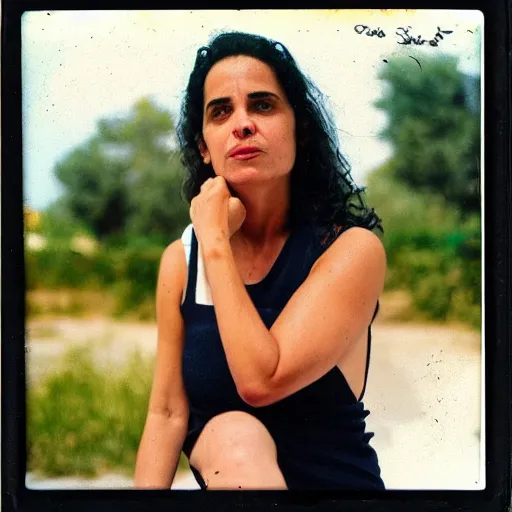 Image similar to Ayelet Shaked sad and hopeful, in a white tank top. Polaroid.